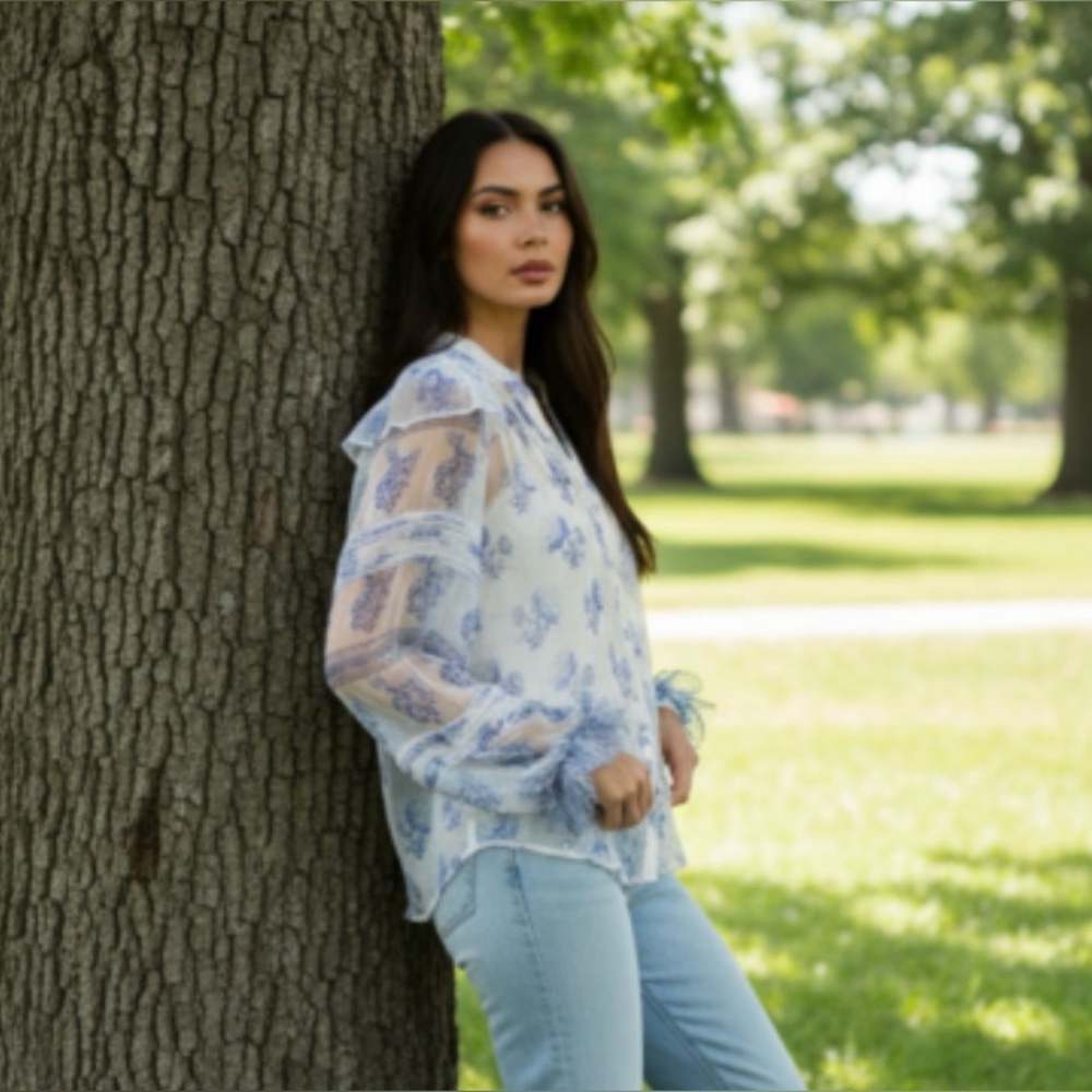 HEMANT AND NANDITA Blue/White Boho Top With Camisole Size Large $275 - Picture 2 of 16